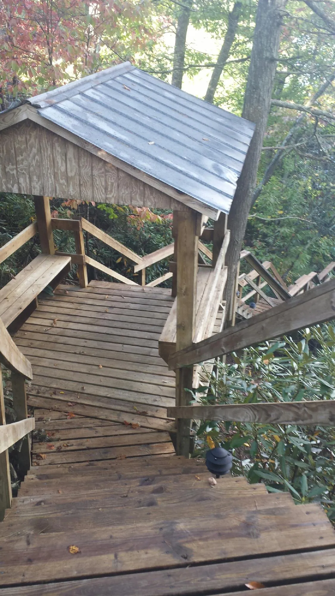 Metal roofed shelter over wooden steps on a wooded walkway — Skylight Repair & Installation work by our crew in Tamassee